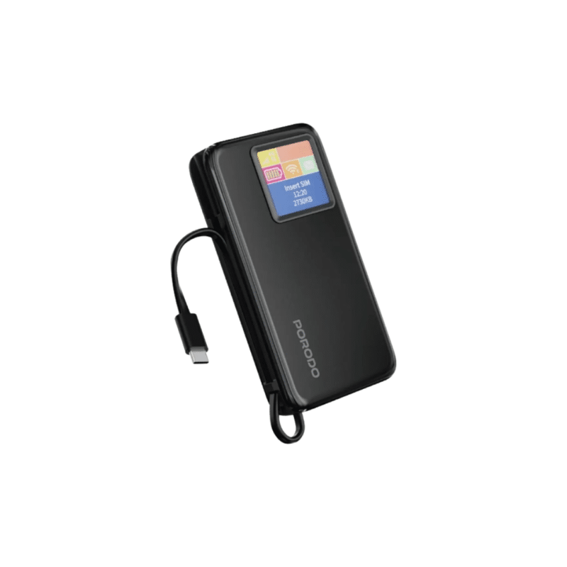 Porodo 4G LTE WiFi 6 Pocket Router with 10000mAh Power Bank - Black