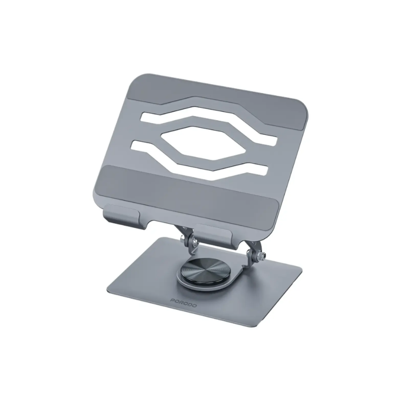 Porodo Zelo 360° Rotatable Tablet Holder with Silicone Grips - Gray Material: Carbon steel construction with silicone grips and padding Rotation: 360° rotation with multi-angle joints Compatibility: Tablets from 7" to 13" Design: Foldable, portable Use Case: Work, video calls, streaming, reading, content creation Grip: Non-slip, scratch-protective silicone grips
